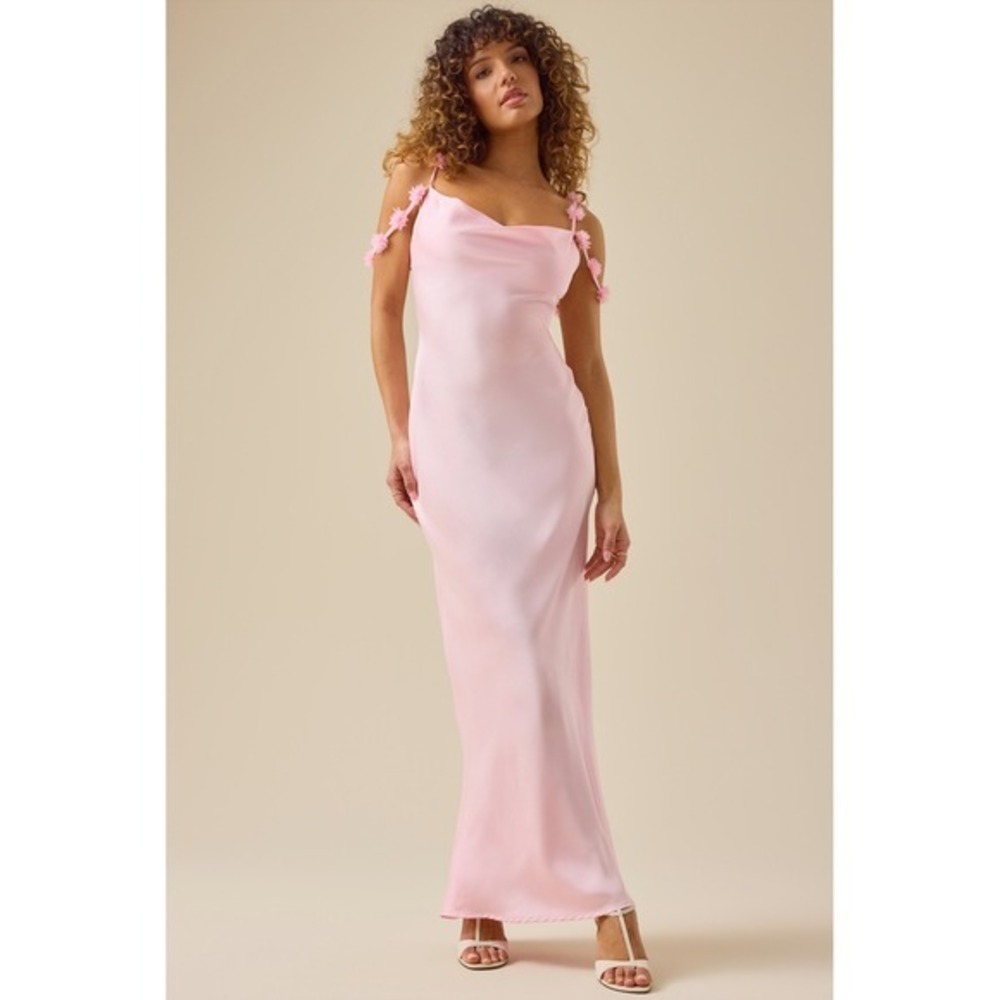 Altar'd State Pink Satin Cowl Neck Maxi Dress Floral Straps Size XS